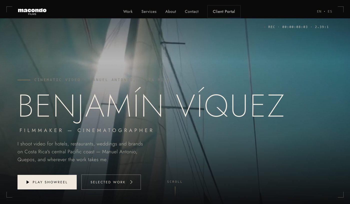 Sitio web de Macondo Films (Benjamín Víquez) — diseño por Jair Villarreal